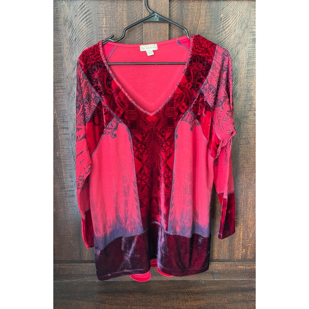 Live and Let Live Red Velvet Paisley Tunic Top XL Boho Whimsigoth Long Sleeve